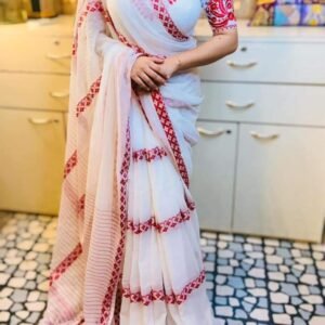 White Red Special khadi Cotton Saree