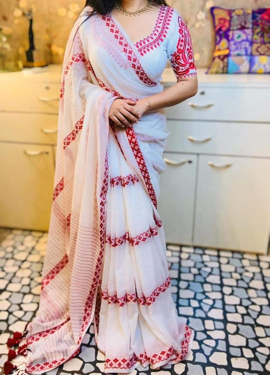 White Red Special khadi Cotton Saree