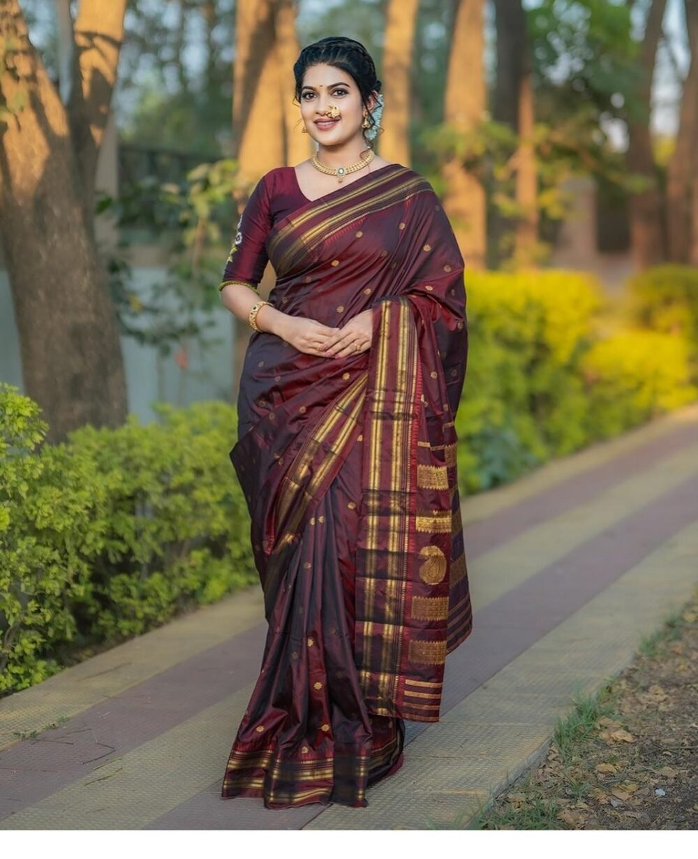 Soft Fancy Banarasi Maharastrian Silk Sarees- Maroon Colour