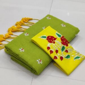 Premium Cotton Saree With Handstitched Embroidery Blouse