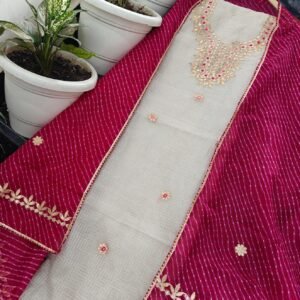 Kota Doria Suit / Dress Material- White With Pink Dupatta