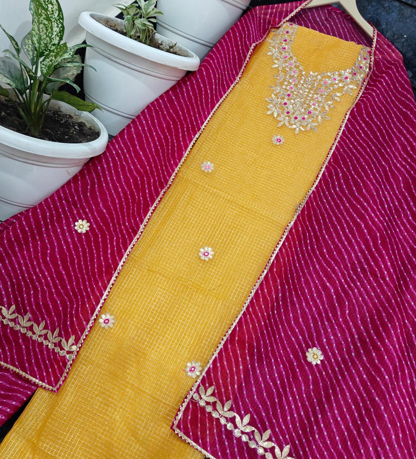 Kota Doria Suit / Dress Material- Yellow With Pink Dupatta
