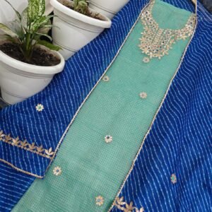 Kota Doria Suit / Dress Material- Sea Green With Blue Dupatta