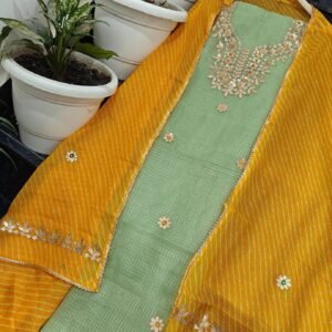 Kota Doria Suit / Dress Material- Sea Green With Yellow Dupatta