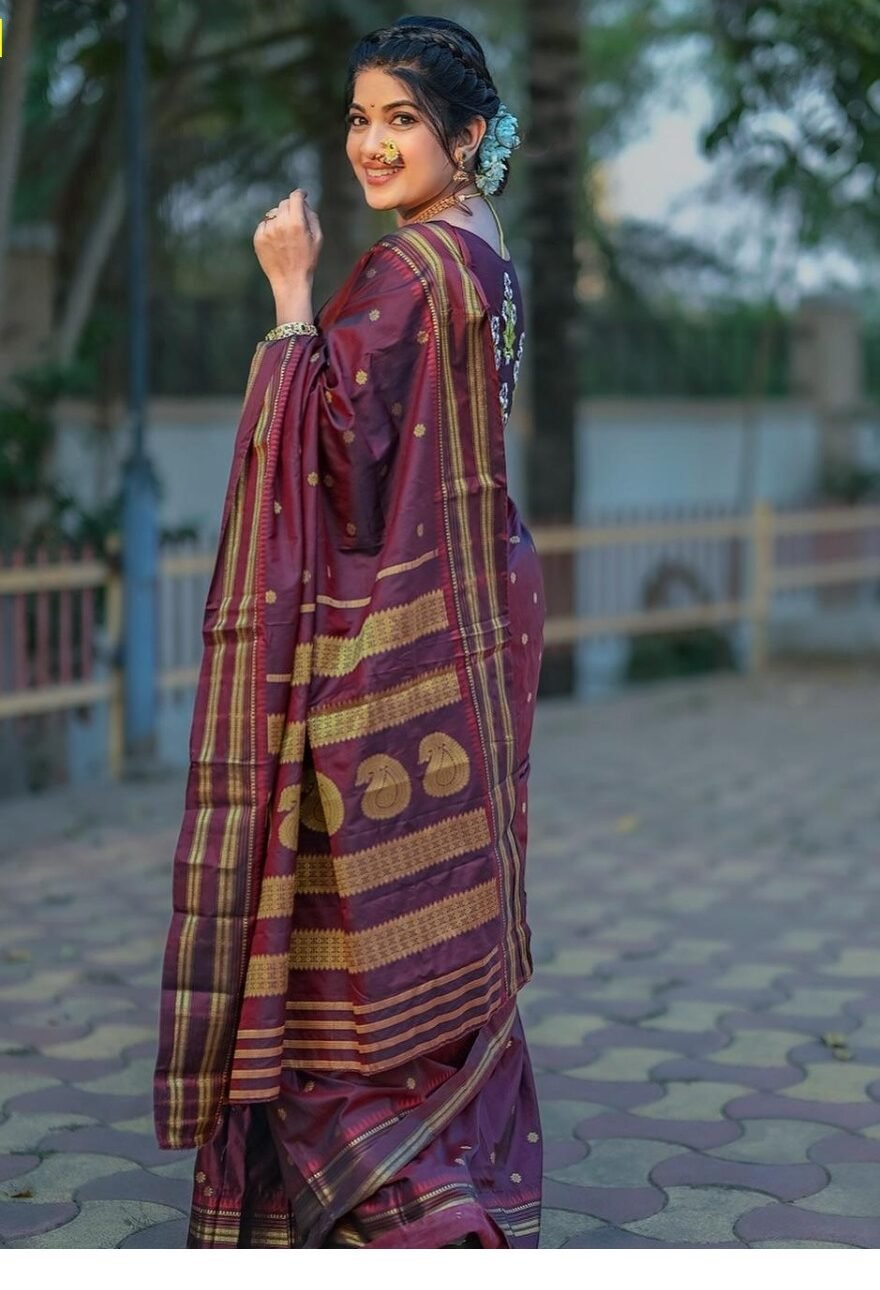 Soft Fancy Banarasi Maharastrian Silk Sarees- Maroon Colour - Image 2