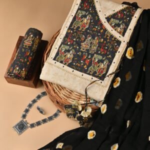 3 Piece Jaipuri Print Cotton Dress Material (Unstitched)-Black