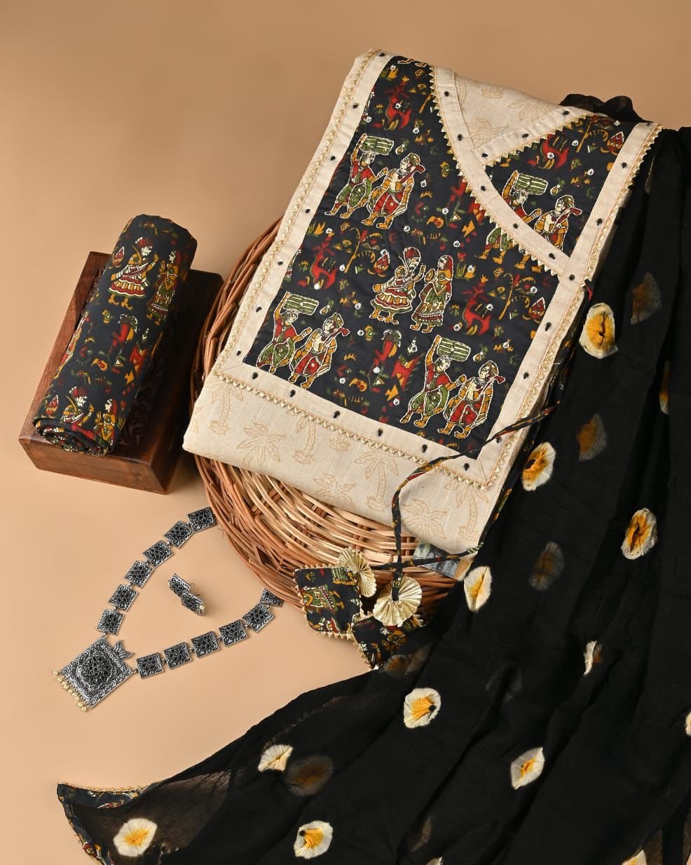 3 Piece Jaipuri Print Cotton Dress Material (Unstitched)-Black