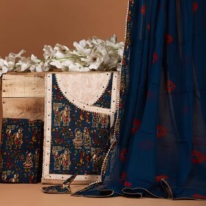 3 Piece Jaipuri Print Cotton Dress Material (Unstitched)-Indigo Blue