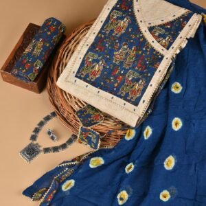 3 Piece Jaipuri Print Cotton Dress Material (Unstitched)-Blue