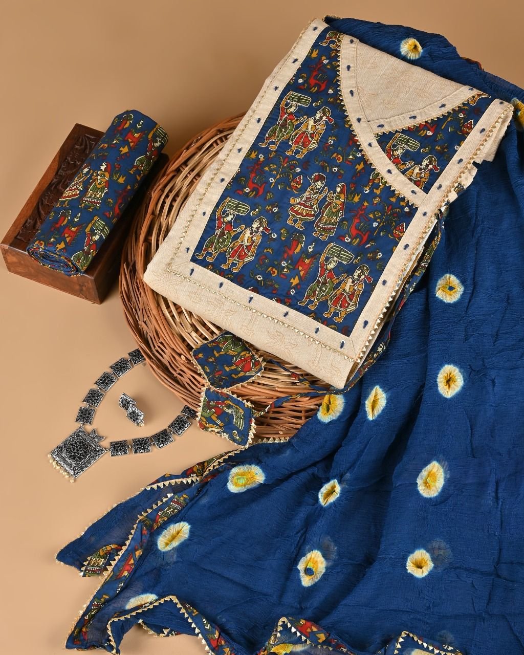 3 Piece Jaipuri Print Cotton Dress Material (Unstitched)-Blue