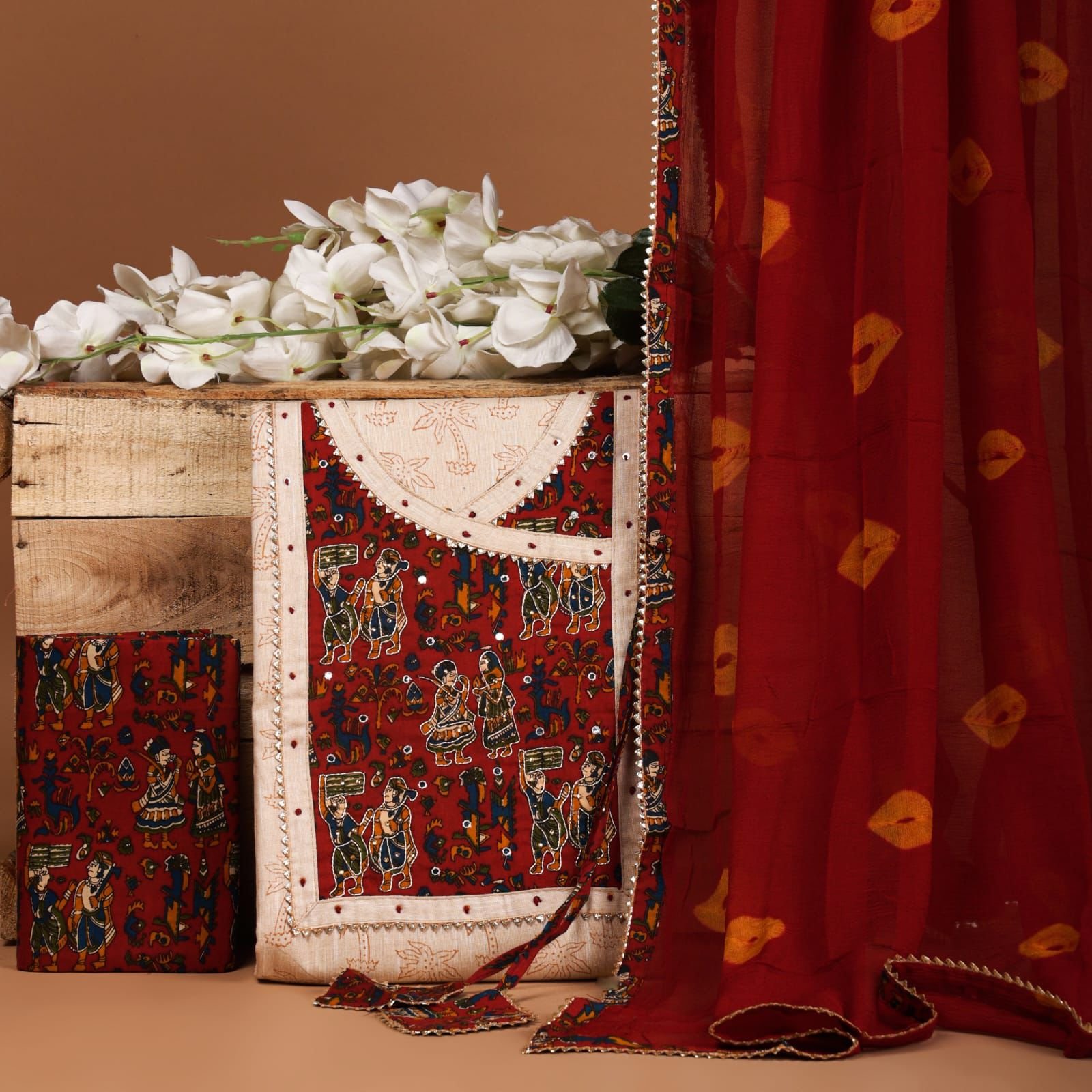 3 Piece Jaipuri Print Cotton Dress Material (Unstitched)-Red Colour