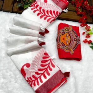 Red And White Soft linen Cotton Saree