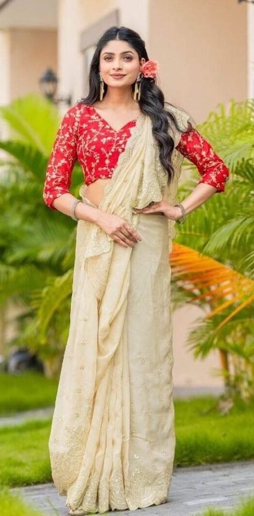 Beige Organza Gold Saree - Image 2