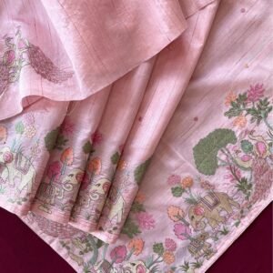 Tussar silk embroidery sarees-Pink Colour