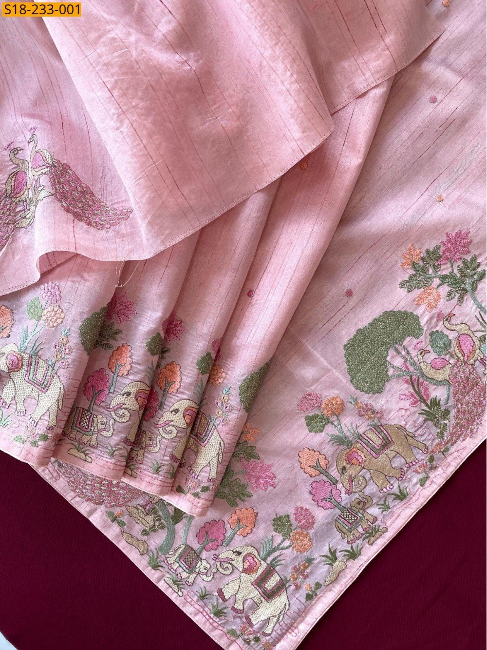 Tussar silk embroidery sarees-Pink Colour