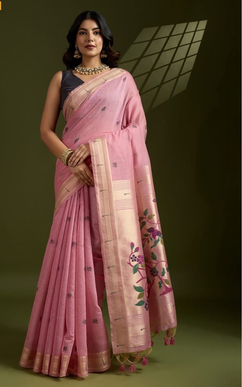 Pink Soft Muga Cotton Paithani Saree