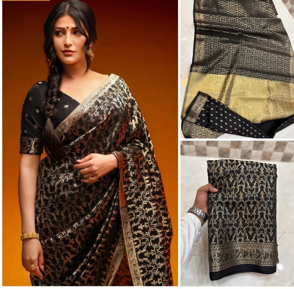 Black Banarasi Semi Katan Soft Silk Saree