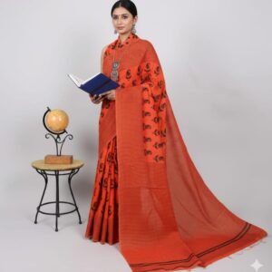 Orange Cotton Mulmul Saree
