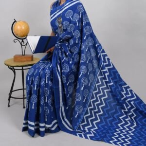 Navy Blue Cotton Mulmul Saree
