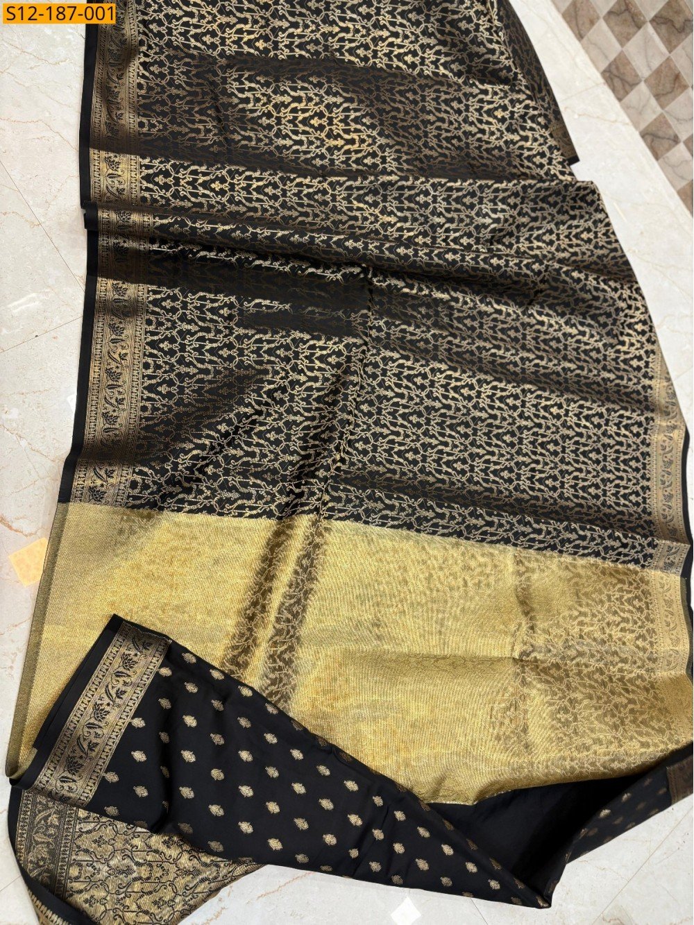 Black Banarasi Semi Katan Soft Silk Saree - Image 2