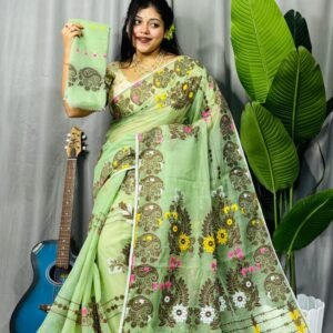 Full Bahari Dhakai Jamdani Saree-Light Green