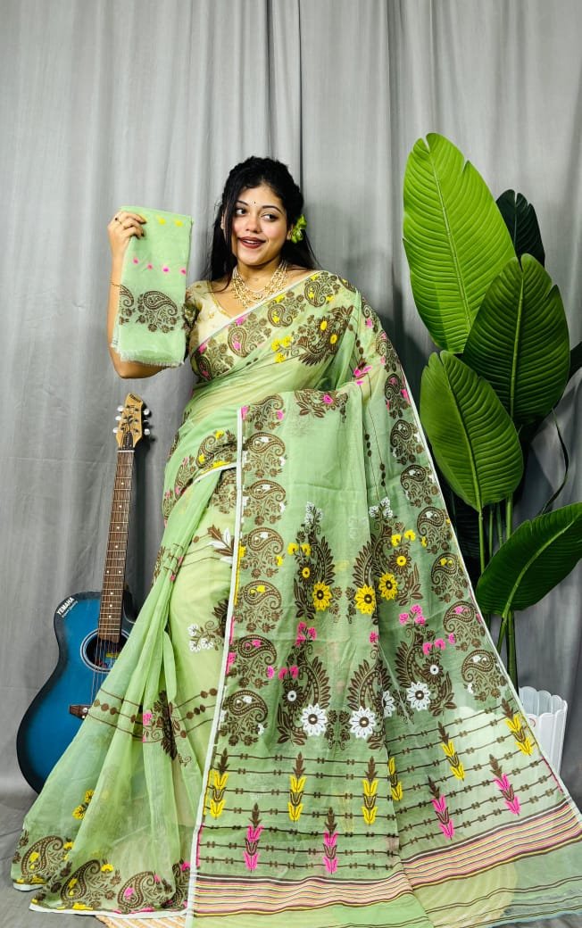 Full Bahari Dhakai Jamdani Saree-Light Green