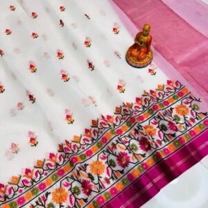 Organza Embroidery Muslin Saree - White Colour