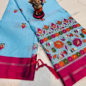 Organza Embroidery Muslin Saree – Sky Blue Colour
