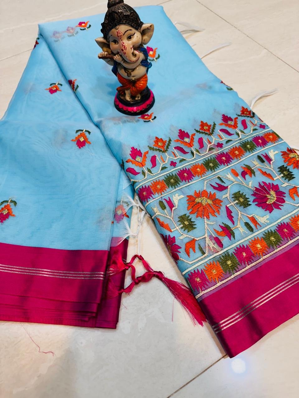 Organza Embroidery Muslin Saree – Sky Blue Colour