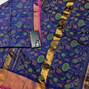 Kadi Cotton Saree with Katha Stitch Block Print
