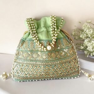 Designer Pearl Potli Bag-Green colour