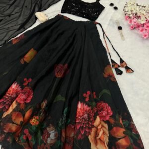 Jimmy Cho Organza Lehenga Set with Batwa- Black