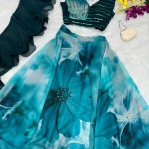 Organza Floral Lehenga Set-Blue