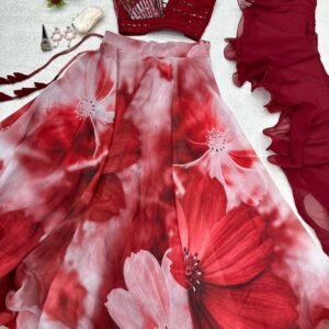 Organza Floral Lehenga Set-Red
