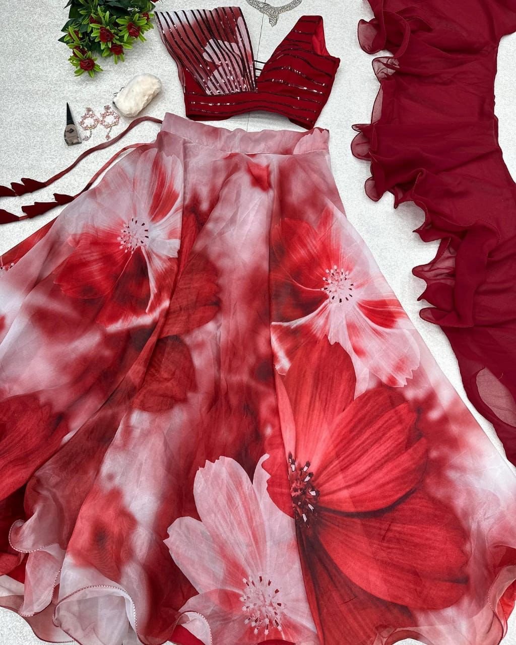 Organza Floral Lehenga Set-Red